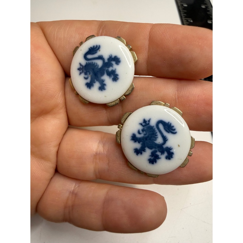 Vintage Blue Rampant Lion Porcelain Cufflinks Gold Tone Heraldic Formalwear